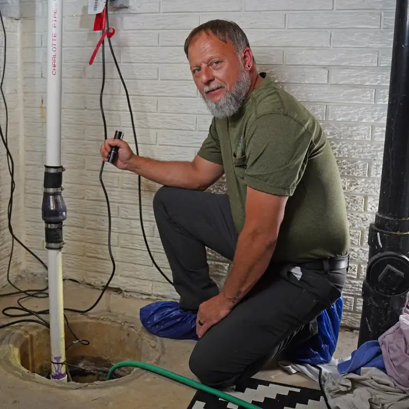 Pumber inspecting a sump pump with a flashlight